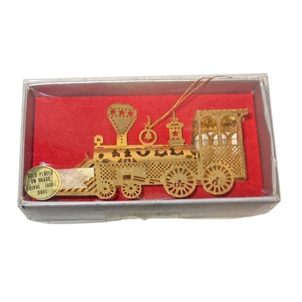 Train Christmas Ornament Gold Plated on Brass Noel Decoration Vintage